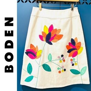 NWOT Boden Ivory Floral Appliqué A-Line Skirt Preppy Casual British Style Size 4